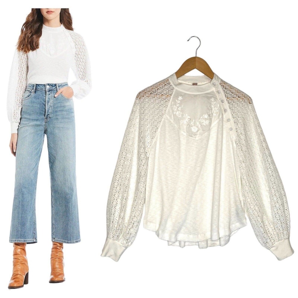 Free People Top Womens S Sweetest Thing Waffle Embroidered Boho Peasant Ivory - Picture 2 of 16